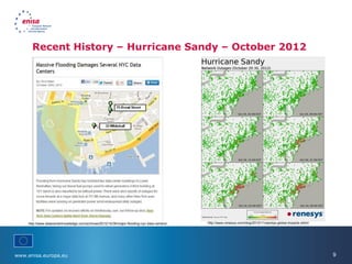 www.enisa.europa.eu 9
Recent History – Hurricane Sandy – October 2012
http://www.datacenterknowledge.com/archives/2012/10/30/major-flooding-nyc-data-centers/ http://www.renesys.com/blog/2012/11/sandys-global-impacts.shtml
 