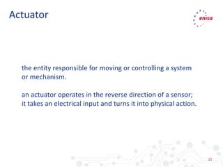 15
Actuator
the entity responsible for moving or controlling a system
or mechanism.
an actuator operates in the reverse direction of a sensor;
it takes an electrical input and turns it into physical action.
 