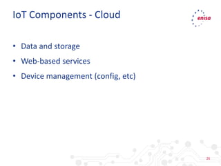 26
• Data and storage
• Web-based services
• Device management (config, etc)
IoT Components - Cloud
 