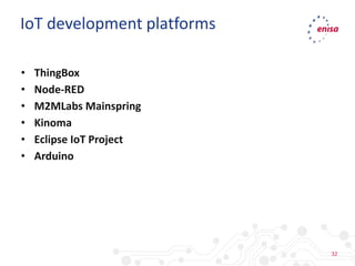 32
• ThingBox
• Node-RED
• M2MLabs Mainspring
• Kinoma
• Eclipse IoT Project
• Arduino
IoT development platforms
 