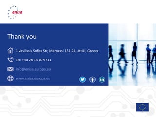 1 Vasilissis Sofias Str, Maroussi 151 24, Attiki, Greece
Tel: +30 28 14 40 9711
info@enisa.europa.eu
www.enisa.europa.eu
Thank you
 