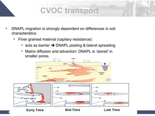 www.enissa.com
CVOC transport
• DNAPL migration is strongly dependent on differences in soil
characteristics
• Finer grained material (capilary resistance):
• acts as barrier  DNAPL pooling & lateral spreading
• Matrix diffusion and advection: DNAPL is ‘stored’ in
smaller pores.
 