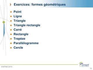 Exercices: formes géométriques
 Point
 Ligne
 Triangle
 Triangle rectangle
 Carré
 Rectangle
 Trapèze
 Parallélogramme
 Cercle
ENITAB 2010
10
 