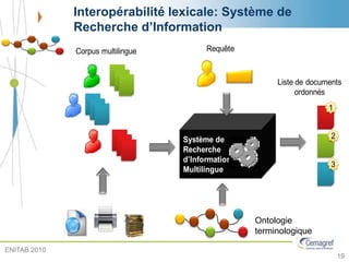 Interopérabilité lexicale: Système de
Recherche d’Information
Système de
Recherche
d’Information
Multilingue
1
2
3
Corpus multilingue Requête
Liste de documents
ordonnés
Ressource
sémantique
multilingue
Ontologie
terminologique
19
ENITAB 2010
 