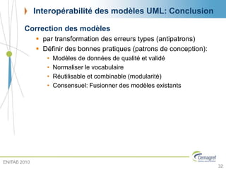 32
Interopérabilité des modèles UML: Conclusion
Correction des modèles
 par transformation des erreurs types (antipatrons)
 Définir des bonnes pratiques (patrons de conception):
• Modèles de données de qualité et validé
• Normaliser le vocabulaire
• Réutilisable et combinable (modularité)
• Consensuel: Fusionner des modèles existants
ENITAB 2010
 