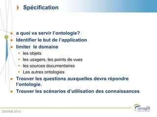 Spécification
 a quoi va servir l’ontologie?
 Identifier le but de l’application
 limiter le domaine
 les objets
 les usagers, les points de vues
 les sources documentaires
 Les autres ontologies
 Trouver les questions auxquelles devra répondre
l’ontologie.
 Trouver les scénarios d’utilisation des connaissances
45
ENITAB 2010
 