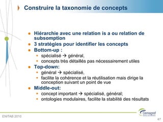 Construire la taxonomie de concepts
 Hiérarchie avec une relation is a ou relation de
subsomption
 3 stratégies pour identifier les concepts
 Bottom-up :
 spécialisé  général,
 concepts très détaillés pas nécessairement utiles
 Top-down:
 général  spécialisé,
 facilite la cohérence et la réutilisation mais dirige la
conception suivant un point de vue
 Middle-out:
 concept important  spécialisé, général;
 ontologies modulaires, facilite la stabilité des résultats
47
ENITAB 2010
 