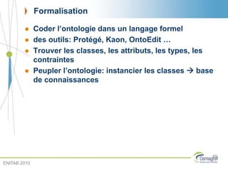 Formalisation
 Coder l’ontologie dans un langage formel
 des outils: Protégé, Kaon, OntoEdit …
 Trouver les classes, les attributs, les types, les
contraintes
 Peupler l’ontologie: instancier les classes  base
de connaissances
48
ENITAB 2010
 