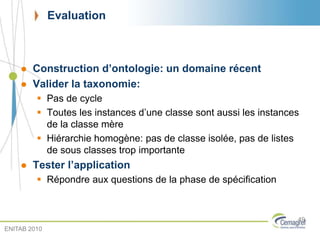 Evaluation
 Construction d’ontologie: un domaine récent
 Valider la taxonomie:
 Pas de cycle
 Toutes les instances d’une classe sont aussi les instances
de la classe mère
 Hiérarchie homogène: pas de classe isolée, pas de listes
de sous classes trop importante
 Tester l’application
 Répondre aux questions de la phase de spécification
49
ENITAB 2010
 