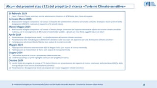 © Fondazione Santagata per l’Economia della Cultura con SGA Studio Giaccardi & Associati - Consulenti di Direzione e Data Analyst 13
Alcuni dei prossimi step (12) del progetto di ricerca «Turismo Climate-sensitive»
29 febbraio 2024
1. Panel «Turismo Climate-sensitive: perché adattamento climatico» in BTM Italia, Bari, Fiera del Levante
Gennaio-Marzo 2024
2. Realizzazione indagine compilativa e di campo «L’impatto del cambiamento climatico sul turismo culturale. Strategie e buone pratiche dalle
designazioni UNESCO» realizzata in rapporto ai 59 presidi italiani.
Marzo-Maggio 2024
3. Realizzazione indagine compilativa e di campo «Climate change: evoluzione del rapporto domanda e offerta nel turismo climate-sensitive»
realizzata con il coinvolgimento di 27 cluster di stakeholder pubblici e privati per circa 9mila soggetti italiani ed esteri
Aprile 2024
4. Presentazione e divulgazione e-book 1 «La trasformazione del turismo climate-sensitive»
5. Presentazione della metodologia «Adattamento climatico: i dati necessari. Un approccio per una destinazione climate-sensitive»
6. Partecipazione alla Green Week di Parma (con output di ricerca intermedi)
Maggio 2024
7. Partecipazione all’evento Internazionale KIDS di Reggio Emilia (con output di ricerca intermedi)
8. Partecipazione al Festival ASviS di Roma (con output di ricerca intermedi)
Giugno 2024
9. Conclusione attività di ricerca e sviluppo ed elaborazione-dati
10. Conferenza stampa sui primi highlights conclusivi del progetto di ricerca
Ottobre 2024
11. Evento finale del progetto di ricerca al TTG Italia di Rimini con presentazione del rapporto di ricerca conclusivo, della dashboard ENIT e delle
linee-guida per nuovi servizi di adattamento climatico
12. Presentazione e divulgazione e-book «Le proposte per i nuovi viaggiatori climate-sensitive»
 