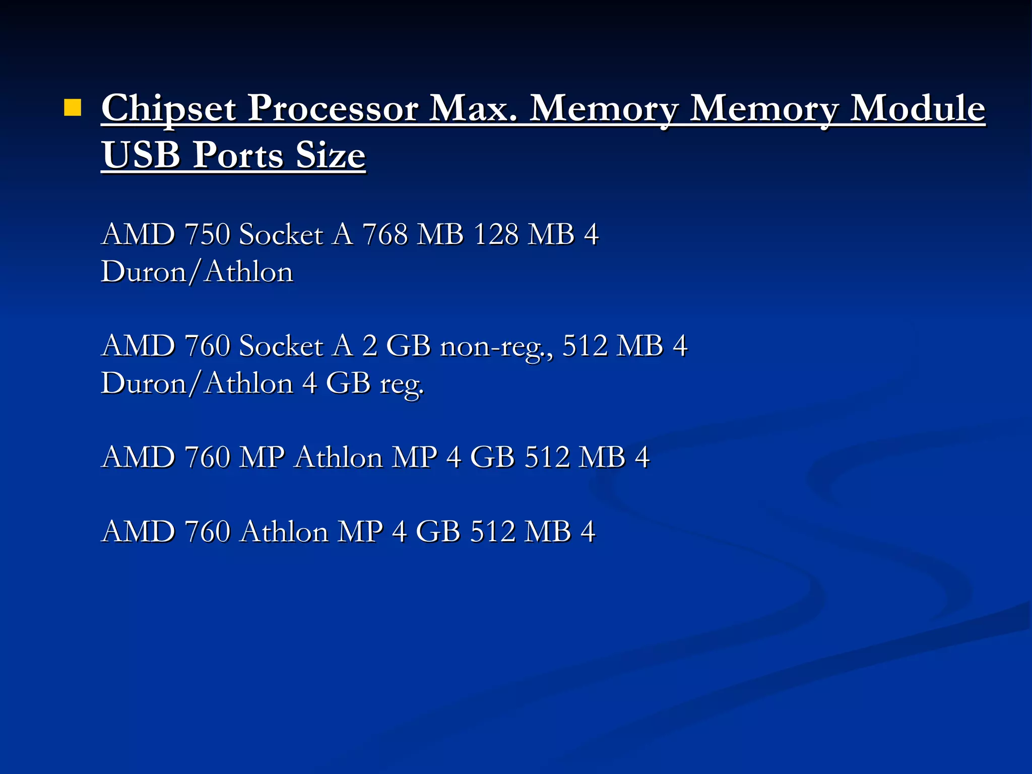 Chipset Processor Max. Memory Memory Module USB Ports Size AMD 750 Socket A 768 MB 128 MB 4 Duron/Athlon AMD 760 Socket A 2 GB non-reg., 512 MB 4 Duron/Athlon 4 GB reg. AMD 760 MP Athlon MP 4 GB 512 MB 4 AMD 760 Athlon MP 4 GB 512 MB 4 