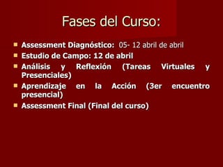 Fases del Curso: Assessment Diagnóstico:  05- 12 abril de abril  Estudio de Campo: 12 de abril Análisis y Reflexión (Tareas Virtuales y Presenciales) Aprendizaje en la Acción (3er encuentro presencial) Assessment Final (Final del curso) 