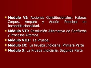 Módulo VI:  Acciones Constitucionales: Hábeas Corpus, Amparo y Acción Principal en Inconstitucionalidad. Módulo VII:  Resolución Alternativa de Conflictos y Procesos Alternos. Módulo VIII:  La Prueba. Módulo IX:  La Prueba Indiciaria. Primera Parte Módulo X:  La Prueba Indiciaria. Segunda Parte 