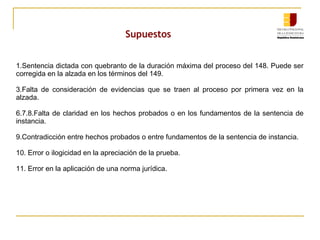 Supuestos
1.Sentencia dictada con quebranto de la duración máxima del proceso del 148. Puede ser
corregida en la alzada en los términos del 149.
3.Falta de consideración de evidencias que se traen al proceso por primera vez en la
alzada.
6.7.8.Falta de claridad en los hechos probados o en los fundamentos de la sentencia de
instancia.
9.Contradicción entre hechos probados o entre fundamentos de la sentencia de instancia.
10. Error o ilogicidad en la apreciación de la prueba.
11. Error en la aplicación de una norma jurídica.

 