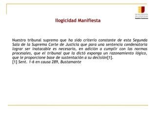 Ilogicidad Manifiesta

Nuestro tribunal supremo que ha sido criterio constante de esta Segunda
Sala de la Suprema Corte de Justicia que para una sentencia condenatoria
lograr ser inatacable es necesario, en adición a cumplir con las normas
procesales, que el tribunal que la dictó exponga un razonamiento lógico,
que le proporcione base de sustentación a su decisión[1].
[1] Sent. 1-6 en causa 289, Bustamante

 