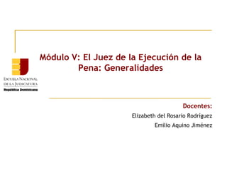 Módulo V: El Juez de la Ejecución de la
Pena: Generalidades

Docentes:
Elizabeth del Rosario Rodríguez
Emilio Aquino Jiménez

 