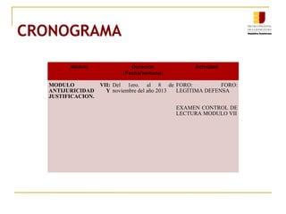 CRONOGRAMA
Módulo Duración
(Fecha/semana)
Actividad
MODULO VII:
ANTIJURICIDAD Y
JUSTIFICACION.
Del 1ero. al 8 de
noviembre del año 2013
FORO: FORO:
LEGÍTIMA DEFENSA
EXAMEN CONTROL DE
LECTURA MODULO VII
 