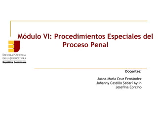 Módulo VI: Procedimientos Especiales del
Proceso Penal

Docentes:
Juana María Cruz Fernández
Johanny Castillo Sabarí Aylin
Josefina Corcino

 
