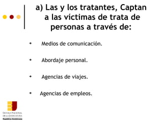 a) Las y los tratantes, Captan
       a las víctimas de trata de
         personas a través de:

     Medios de comunicación.


     Abordaje personal.


     Agencias de viajes.


     Agencias de empleos.
 