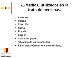 2.-Medios, utilizados en la
         trata de personas.
•   Amenaza
•   Fuerza
•   Coacción
•   Rapto
•   Fraude
•   Engaño
•   Abuso del poder
•   Situación de vulnerabilidad
•   Pagos para obtener el consentimiento
 