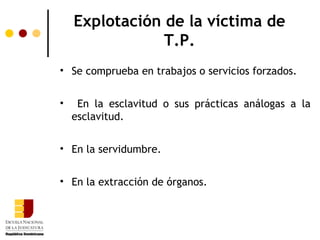 Explotación de la víctima de
                T.P.
• Se comprueba en trabajos o servicios forzados.


•    En la esclavitud o sus prácticas análogas a la
    esclavitud.


• En la servidumbre.


• En la extracción de órganos.
 