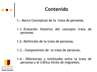 Contenido

1.- Marco Conceptual de la trata de personas.

1.1.-Evolución histórica del concepto trata de
  personas.

1.2.-Definición de la trata de personas.

1.3.- Componentes de la trata de personas.

1.4.- Diferencias y similitudes entre la trata de
  personas y el tráfico ilícito de migrantes.
 