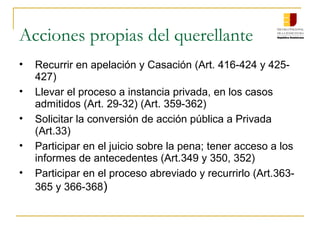 Acciones propias del querellante
• Recurrir en apelación y Casación (Art. 416-424 y 425-
427)
• Llevar el proceso a instancia privada, en los casos
admitidos (Art. 29-32) (Art. 359-362)
• Solicitar la conversión de acción pública a Privada
(Art.33)
• Participar en el juicio sobre la pena; tener acceso a los
informes de antecedentes (Art.349 y 350, 352)
• Participar en el proceso abreviado y recurrirlo (Art.363-
365 y 366-368)
 