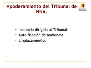 Apoderamiento del Tribunal de NNA. Instancia dirigida al Tribunal. Auto fijación de audiencia. Emplazamiento. 