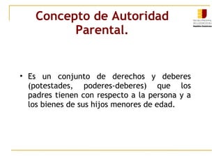 Concepto de Autoridad Parental. Es un conjunto de derechos y deberes (potestades, poderes-deberes) que los padres tienen con respecto a la persona y a los bienes de sus hijos menores de edad. 