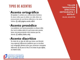 TIPOS DE ACENTOS TALLER
"REDACCIÓN
EFECTIVA:
ORTOGRAFÍA Y
ESTILO"
OLGA AGUSTÍN
 