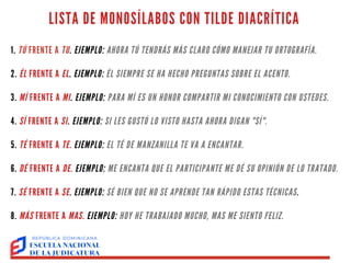 TALLER
"ORTOGRAFÍA AL
DÍA"
OLGA AGUSTÍN
LISTA DE MONOSÍLABOS CON TILDE DIACRÍTICA
1. TÚ FRENTE A TU. EJEMPLO: AHORA TÚ TENDRÁS MÁS CLARO CÓMO MANEJAR TU ORTOGRAFÍA.
2. ÉL FRENTE A EL. EJEMPLO: ÉL SIEMPRE SE HA HECHO PREGUNTAS SOBRE EL ACENTO.
3. MÍ FRENTE A MI. EJEMPLO: PARA MÍ ES UN HONOR COMPARTIR MI CONOCIMIENTO CON USTEDES.
4. SÍ FRENTE A SI. EJEMPLO: SI LES GUSTÓ LO VISTO HASTA AHORA DIGAN "SÍ".
5. TÉ FRENTE A TE. EJEMPLO: EL TÉ DE MANZANILLA TE VA A ENCANTAR.
6. DÉ FRENTE A DE. EJEMPLO: ME ENCANTA QUE EL PARTICIPANTE ME DÉ SU OPINIÓN DE LO TRATADO.
7. SÉ FRENTE A SE. EJEMPLO: SÉ BIEN QUE NO SE APRENDE TAN RÁPIDO ESTAS TÉCNICAS.
8. MÁS FRENTE A MAS. EJEMPLO: HOY HE TRABAJADO MUCHO, MAS ME SIENTO FELIZ.
 