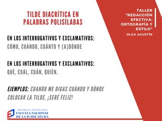 EN LOS INTERROGATIVOS Y EXCLAMATIVOS:
CÓMO, CUÁNDO, CUÁNTO Y (A)DÓNDE
EN LOS INTERROGATIVOS Y EXCLAMATIVOS:
QUÉ, CUÁL, CUÁN, QUIÉN.
EJEMPLOS: CUANDO ME DIGAS CUÁNDO Y DÓNDE
COLOCAR LA TILDE, ¡SERÉ FELIZ!
TILDE DIACRÍTICA EN
PALABRAS POLISÍLABAS
TALLER
"REDACCIÓN
EFECTIVA:
ORTOGRAFÍA Y
ESTILO"
OLGA AGUSTÍN
 