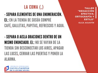LA COMA (,)
- SEPARA ELEMENTOS DE UNA ENUMERACIÓN.
EJ.: EN LA TIENDA DE SOSÚA COMPRÉ
CAFÉ, GALLETAS, PAPITAS, REFRESCOS Y AGUA.
- SEPARA O AISLA ORACIONES DENTRO DE UN
MISMO ENUNCIADO. EJ.: NO SE VAYAN DE LA
TIENDA SIN DESCONECTAR LOS AIRES, APAGAR
LAS LUCES, CERRAR LAS PUERTAS Y PONER LA
ALARMA.
TALLER
"REDACCIÓN
EFECTIVA:
ORTOGRAFÍA Y
ESTILO"
OLGA AGUSTÍN
 