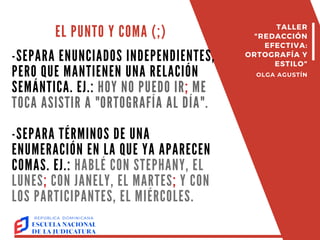 EL PUNTO Y COMA (;)
-SEPARA ENUNCIADOS INDEPENDIENTES,
PERO QUE MANTIENEN UNA RELACIÓN
SEMÁNTICA. EJ.: HOY NO PUEDO IR; ME
TOCA ASISTIR A "ORTOGRAFÍA AL DÍA".
-SEPARA TÉRMINOS DE UNA
ENUMERACIÓN EN LA QUE YA APARECEN
COMAS. EJ.: HABLÉ CON STEPHANY, EL
LUNES; CON JANELY, EL MARTES; Y CON
LOS PARTICIPANTES, EL MIÉRCOLES.
TALLER
"REDACCIÓN
EFECTIVA:
ORTOGRAFÍA Y
ESTILO"
OLGA AGUSTÍN
 
