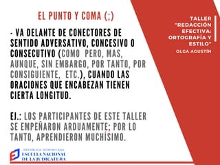 EL PUNTO Y COMA (;)
- VA DELANTE DE CONECTORES DE
SENTIDO ADVERSATIVO, CONCESIVO O
CONSECUTIVO (COMO PERO, MAS,
AUNQUE, SIN EMBARGO, POR TANTO, POR
CONSIGUIENTE, ETC.), CUANDO LAS
ORACIONES QUE ENCABEZAN TIENEN
CIERTA LONGITUD.
EJ.: LOS PARTICIPANTES DE ESTE TALLER
SE EMPEÑARON ARDUAMENTE; POR LO
TANTO, APRENDIERON MUCHÍSIMO.
TALLER
"REDACCIÓN
EFECTIVA:
ORTOGRAFÍA Y
ESTILO"
OLGA AGUSTÍN
 