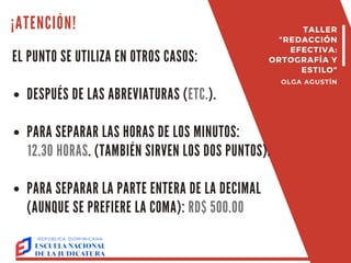 ¡ATENCIÓN!
EL PUNTO SE UTILIZA EN OTROS CASOS:
DESPUÉS DE LAS ABREVIATURAS (ETC.).
PARA SEPARAR LAS HORAS DE LOS MINUTOS:
12.30 HORAS. (TAMBIÉN SIRVEN LOS DOS PUNTOS).
PARA SEPARAR LA PARTE ENTERA DE LA DECIMAL
(AUNQUE SE PREFIERE LA COMA): RD$ 500.00
TALLER
"REDACCIÓN
EFECTIVA:
ORTOGRAFÍA Y
ESTILO"
OLGA AGUSTÍN
 