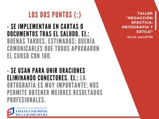 LOS DOS PUNTOS (:)
- SE IMPLEMENTAN EN CARTAS O
DOCUMENTOS TRAS EL SALUDO. EJ.:
BUENAS TARDES, ESTIMADOS: QUERÍA
COMUNICARLES QUE TODOS APROBARON
EL CURSO CON 100.
- SE USAN PARA UNIR ORACIONES
ELIMINANDO CONECTORES. EJ.: LA
ORTOGRAFÍA ES MUY IMPORTANTE: NOS
PERMITE OBTENER MEJORES RESULTADOS
PROFESIONALES.
TALLER
"REDACCIÓN
EFECTIVA:
ORTOGRAFÍA Y
ESTILO"
OLGA AGUSTÍN
 