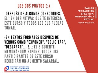 LOS DOS PUNTOS (:)
-DESPUÉS DE ALGUNOS CONECTORES.
EJ.: EN DEFINITIVA: QUE TE INTERESA
ESTE CURSO Y TODOS LOS QUE PUEDAS
TOMAR.
-EN TEXTOS FORMALES DESPUÉS DE
VERBOS COMO "EXPONER", "SOLICITAR",
"DECLARAR"... EJ.: EL SIGUIENTE
MEMORÁNDUM EXPONE: TODOS LOS
PARTICIPANTES DE ESTE CURSO
RECIBIRÁN UN AUMENTO SALARIAL.
TALLER
"REDACCIÓN
EFECTIVA:
ORTOGRAFÍA Y
ESTILO"
OLGA AGUSTÍN
 