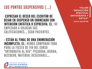 LOS PUNTOS SUSPENSIVOS (...)
-EXPRESAN EL DESEO DEL ESCRITOR DE
DEJAR EN SUSPENSO UN ENUNCIADO CON
INTENCIÓN ENFÁTICA O EXPRESIVA. EJ.: HE
EMPEZADO A COLOCAR SUS
CALIFICACIONES... SEAN PACIENTES.
- ESTÁN AL FINAL DE UNA ENUMERACIÓN
INCOMPLETA. EJ.: HEMOS COMPRADO TODO
PARA LA FIESTA DE FIN DEL CURSO
"ORTOGRAFÍA AL DÍA": PICADERA, BEBIDA,
BIZCOCHO, MATERIAL DESECHABLE...
TALLER
"REDACCIÓN
EFECTIVA:
ORTOGRAFÍA Y
ESTILO"
OLGA AGUSTÍN
 