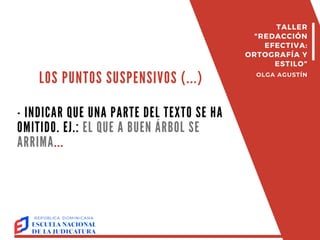 LOS PUNTOS SUSPENSIVOS (...)
- INDICAR QUE UNA PARTE DEL TEXTO SE HA
OMITIDO. EJ.: EL QUE A BUEN ÁRBOL SE
ARRIMA...
TALLER
"REDACCIÓN
EFECTIVA:
ORTOGRAFÍA Y
ESTILO"
OLGA AGUSTÍN
 