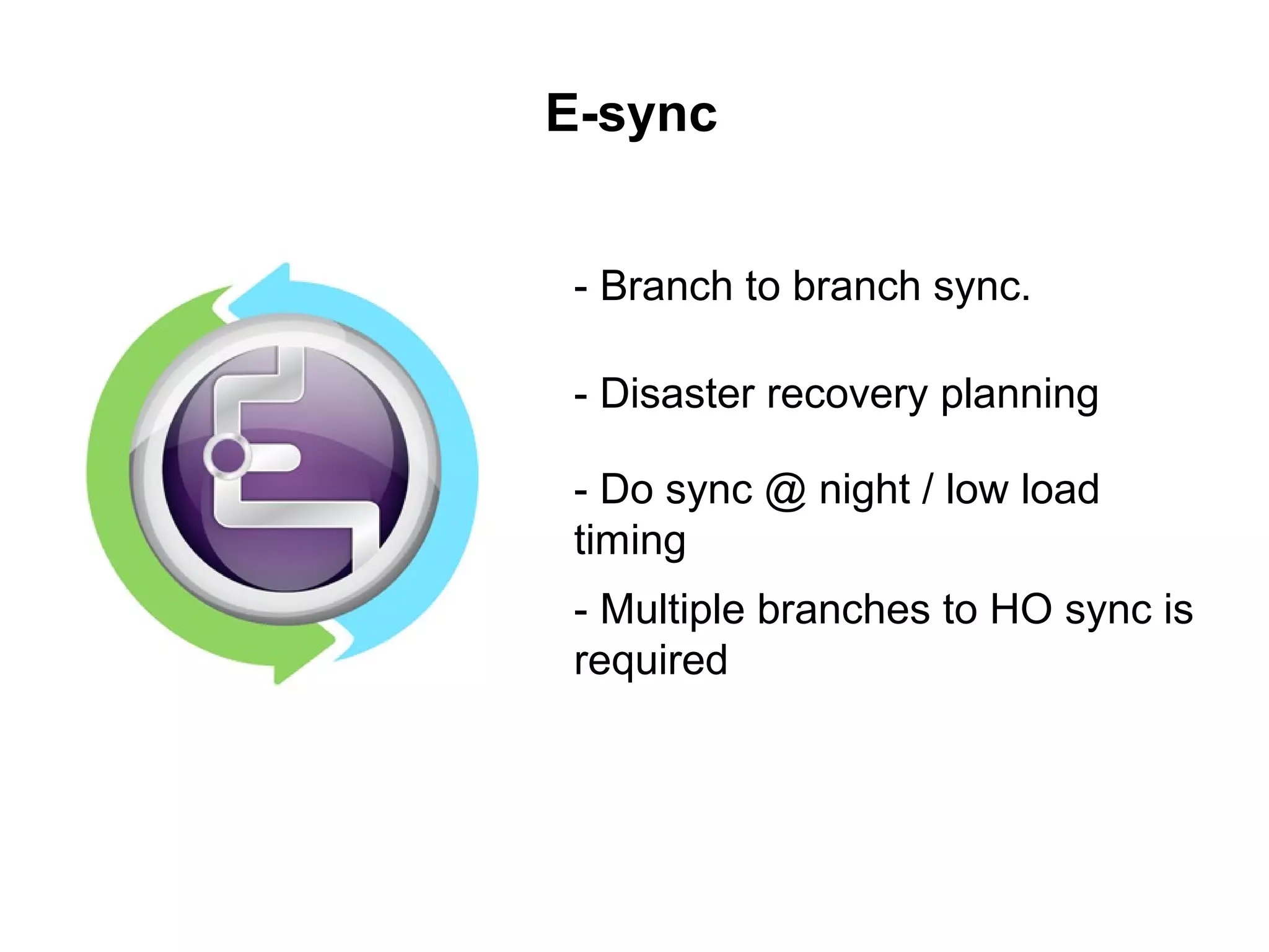 E-sync
- Branch to branch sync.
- Disaster recovery planning
- Do sync @ night / low load
timing
- Multiple branches to HO sync is
required
 
