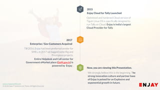 www.enjayworld.com
© 2018 Enjay IT Solutions Ltd. Theme. All Rights Reserved.
Till 2016, Enjay had been preferred vendor for
SMEs, in 2017 we bagged some Big and
Prestigious projects.
Entire Helpdesk and Call center for
Government eMarket place (GeM.gov.in) is
powered by Enjay .
2017
Enterprise / Gov Customers Acquired
Now, you are viewing this Presentation.
Optimised and hardened Cloud version of
Tiguin Linux OS is specifically designed to
run Tally on Cloud. Enjay is India’s largest
Cloud Provider for Tally.
2015
Enjay Cloud for Tally Launched
We strongly believe this is the beginning. The
strong innovation culture and partner base
of Enjay is poised for an Explosive and
exponential growth in future.
 