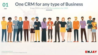 www.companyname.com
© 2016 Jetfabrik Multipurpose Theme. All Rights Reserved.
www.enjayworld.com
© 2018 Enjay IT Solutions Ltd. Theme. All Rights Reserved.
01CRM
One CRM for any type of Business
Enjay CRM is not a CRM But a platform for CRM
 