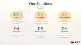 www.enjayworld.com
© 2018 Enjay IT Solutions Ltd. Theme. All Rights Reserved.
A Linux OS for Desktop and
Terminal Servers.
05
TIGUIN LINUX OS
Early Pioneers of Thin Clients
in India.
04
THIN CLIENT
Products that we love so much,
that we give them for free.
06
FREE TOOLS
Both Onsite and Cloud
based Telephony Solutions
02TELEPHONY
CRM for Sales, Marketing
and Helpdesk.
01CRM
India’s largest Tally Cloud
Provider.
03CLOUD FOR TALLY
Our Solutions
At a Glance
 
