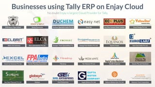 DON Bosco High School
Businesses using Tally ERP on Enjay Cloud
No doubt Enjay is largest Cloud Provider for Tally.
Elbrit Life Sciences
Excel Lie Sciences Pvt Ltd.
Gen Next Plywood Pvt Ltd.
Dovoy Chemicals Duchem Specialist India Pvt Ltd Easy Net Eco Plus Cement Steel Limited. Ecosi Energy Pvt Ltd.
Elca Laboratories Pvt Ltd. Energec Them Specialities P Lt Energy Pack Boilers Pvt Ltd. Equinix Impex Euro Cars India Pvt Ltd.
Family Planning Association Fibredrop Fly Telecom FZ LLC Gandhi Surgicals Gaurav Ply and Hardware
Globsyn Goel Enterprises Gupta Motors Pvt Ltd. Hakuna Matata Soln Pvt Ltd. Hammer Frost Corporation
 