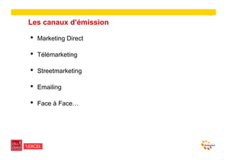 13

Les canaux d’émission

•    Marketing Direct

•    Télémarketing

•    Streetmarketing

•    Emailing

•    Face à Face…
 
