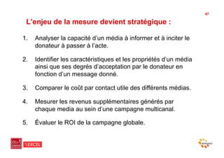47

 L’enjeu de la mesure devient stratégique :

1.    Analyser la capacité d’un média à informer et à inciter le
      donateur à passer à l’acte.

2.    Identifier les caractéristiques et les propriétés d’un média
      ainsi que ses degrés d’acceptation par le donateur en
      fonction d’un message donné.

3.    Comparer le coût par contact utile des différents médias.

4.    Mesurer les revenus supplémentaires générés par
      chaque media au sein d’une campagne multicanal.

5.    Évaluer le ROI de la campagne globale.
 