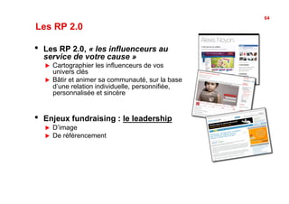 64

Les RP 2.0

•    Les RP 2.0, « les influenceurs au
     service de votre cause »
     !    Cartographier les influenceurs de vos
          univers clés
     !    Bâtir et animer sa communauté, sur la base
          d’une relation individuelle, personnifiée,
          personnalisée et sincère


•    Enjeux fundraising : le leadership
     !    D’image
     !    De référencement
 