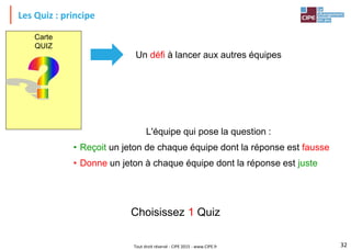 Tout droit réservé - CIPE 2015 - www.CIPE.fr
Les Quiz : principe
Un défi à lancer aux autres équipes
L'équipe qui pose la question :
• Reçoit un jeton de chaque équipe dont la réponse est fausse
• Donne un jeton à chaque équipe dont la réponse est juste
Choisissez 1 Quiz
32
Carte
QUIZ
 