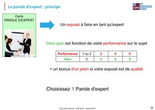 Tout droit réservé - CIPE 2015 - www.CIPE.fr
La parole d'expert : principe
Un exposé à faire en tant qu'expert
+ un bonus d'un jeton si votre exposé est de qualité
Choisissez 1 Parole d'expert
34
Votre gain est fonction de votre performance sur le sujet
Performance 1 ou 2 3 4 5
Gain 0 3 4 5
Carte
PAROLE D'EXPERT
 